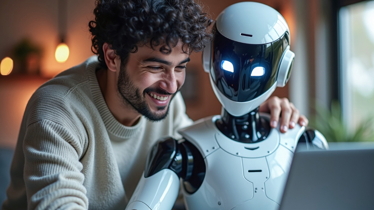 Man standing over the shoulder of a robot