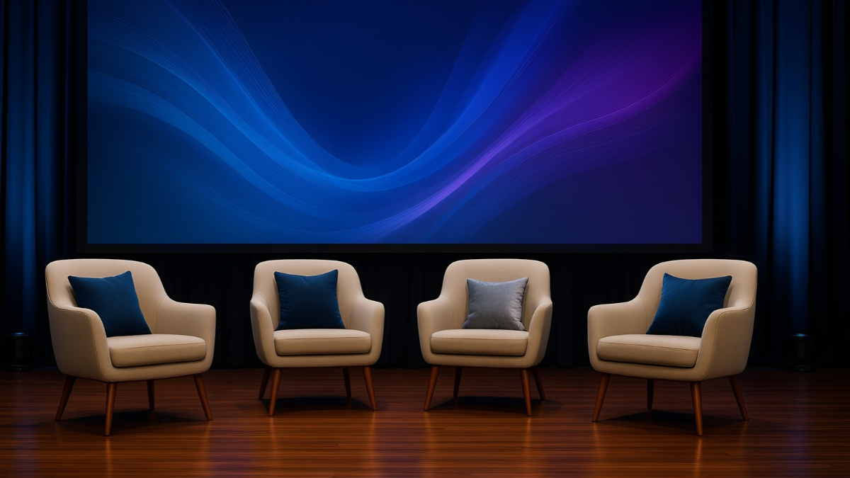 Four armchairs arranged on a stage for a panel discussion.