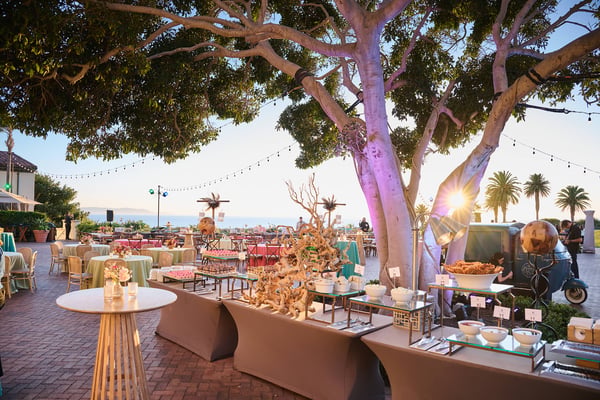 Buffet and dessert stations arranged under a large tree with ocean views at sunset.