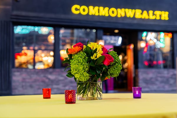 Floral centerpiece on a cocktail table. 
