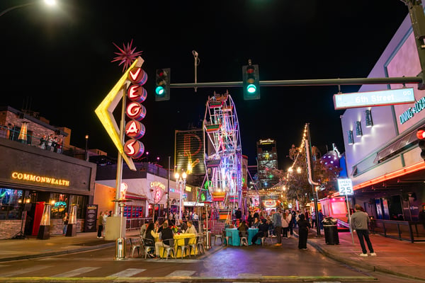 Entertainment district street scene at night. 