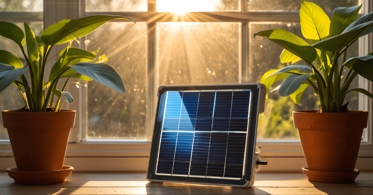 Small solar panel between sunlit houseplants.