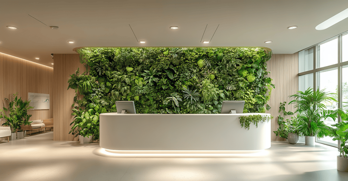 Healthcare reception desk backed by a living green wall.