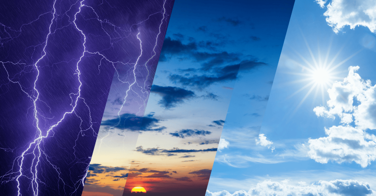 Collage of lightning, sunset, and sunny skies.