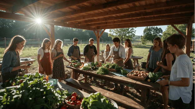 Group prepares fresh produce at an outdoor cooking class.