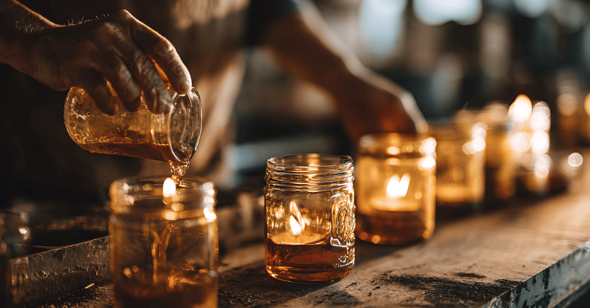 Candles being poured into reusable glass jars.
