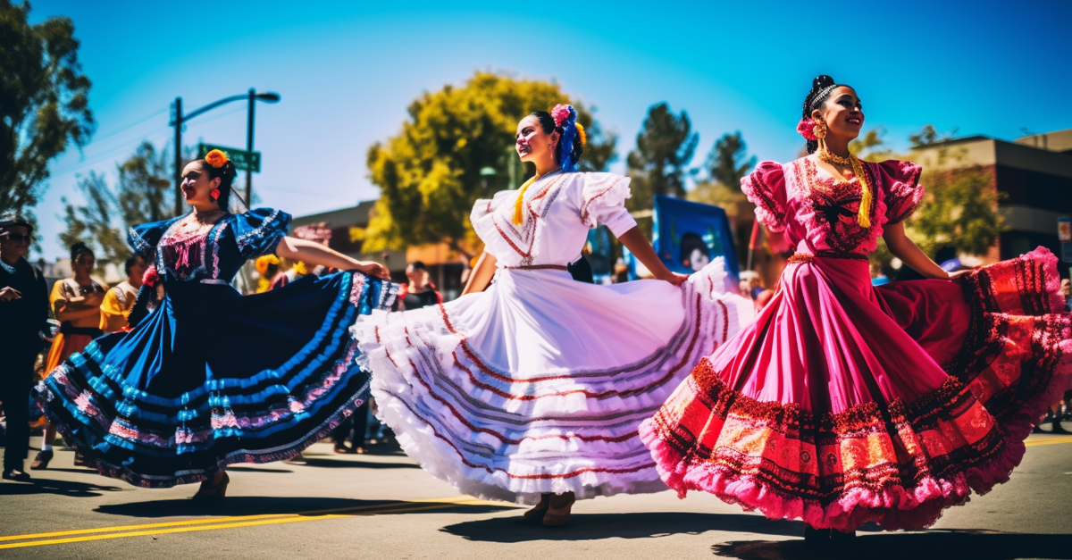 Traditional dancers perform in colorful dresses.